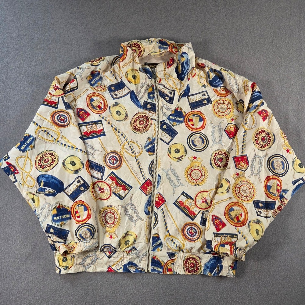 Vintage River Edge Jacket Womens XL Silk Nautical Print Windbreaker Full Zip